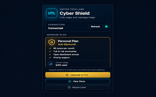 United Tech Labs Cyber Shield :: Scan suspicious links, pages, and pasted text with United Tech Labs AI Cyber Helpdesk.
