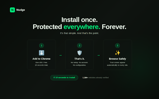 Nudge - Internet Protection :: AI-powered trust scores on every website. Scam detection, deepfake alerts, fact-checking, and safe alternatives — instantly.