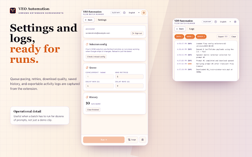 Veo Flow Automation — Batch Videos & Nano Banana Images :: Batch generate Veo videos and Nano Banana images on Google Flow. Auto-submit prompts, run queues, and download results hands-free.