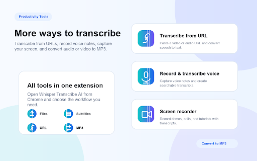 Whisper Transcribe AI - Convert Audio & Video to Text :: Meeting notes, AI transcription, speech to text, audio to text, video to text, subtitles, summaries, and transcripts.