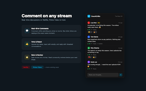 CouchCritic - Stream, Watch, Discuss :: Add real-time comments to streaming shows and movies. React, rate, and discuss with other viewers.