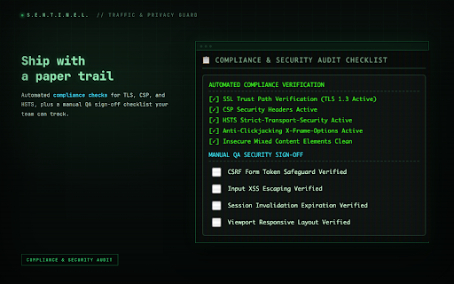 Sentinel — Traffic & Privacy Guard :: Privacy guard & live traffic monitor. Blocks trackers, fingerprinters & phishing. Spoofs APIs. Full audit dashboard.
