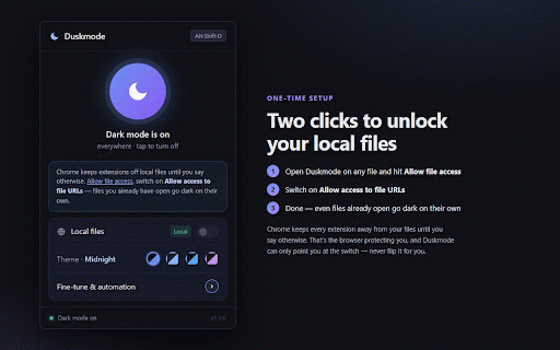 Duskmode – Dark Mode :: Reliable dark mode for Google Docs, Sheets, Slides, Drive, Gmail, and any website. Easy on the eyes, day or night.