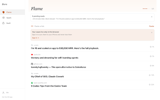 Burn Web Clipper — Save & Read Later with a Deadline :: The only read-later app with a deadline. Save any page, read it in 24h — or it burns. The Pocket alternative that works.
