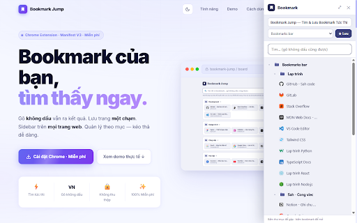 Bookmark Jump — Tìm & Lưu Bookmark Nhanh :: Tìm bookmark tức thì (gõ không dấu vẫn ra), lưu trang một chạm, quản lý theo mục. Dành cho người Việt.