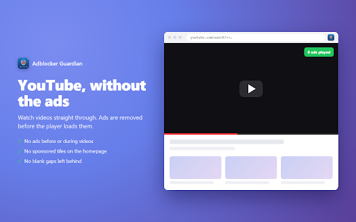 Adblocker Guardian — YouTube Ad Blocker :: Ad-free YouTube, cleaner pages and real tracker protection. Strips click IDs before pages load. Try it free for 7 days.