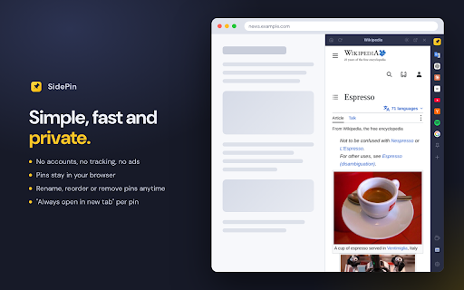 SidePin :: Pin your favorite websites to a sidebar. Browse, search, and multitask without leaving your current tab.