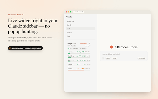 Claude Token Tracker :: Live Claude.ai quota in your sidebar. Session, Weekly, Sonnet and burn rate. No API key. Free, private, no signup.