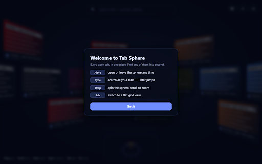 Tab Sphere :: Your open tabs on a 3D sphere. Live previews, instant search, and constellations that keep every tab visible.