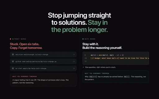 Nudge: LeetCode AI Interview Tutor :: AI-powered LeetCode tutor: adaptive hints, approach feedback, and interview coaching — built right into your editor.