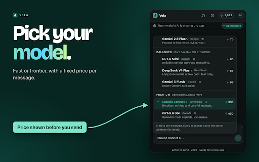 Vela AI Sidebar: GPT, Claude, Gemini, DeepSeek :: Your AI assistant in the Chrome sidebar. Chat, write, summarize pages and PDFs, translate and listen, on any tab.