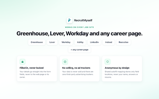 Job Application Autofill & AI Resume Tailor by RecruitMyself :: Read the job description on any job site, prefill the application form, and tailor your resume to the role in one click.