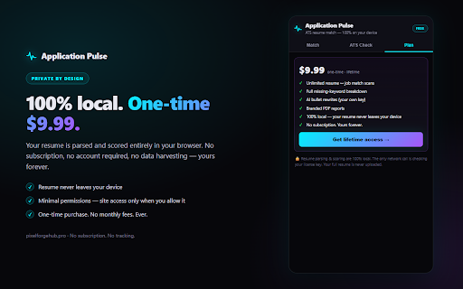 Application Pulse — Resume Matcher :: Score your resume against any job posting and see the exact keywords you're missing — privately, on your own device.