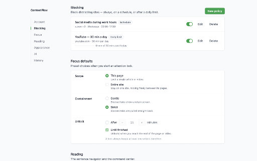 ContextFlow: Focused Reading With AI :: Block distracting sites on your schedule and use AI to read, understand, and think through web pages with more focus.