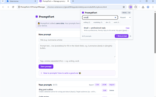 PromptFort: AI Prompt Manager :: Save, organize and reuse your best AI prompts — search, fill in variables, copy in one click. No tracking, works with every AI.