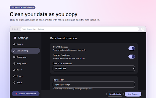 Table Column Copy :: Copy any table column, row or whole table in one click. Export as CSV, JSON, Markdown or HTML, with built-in data cleaning.