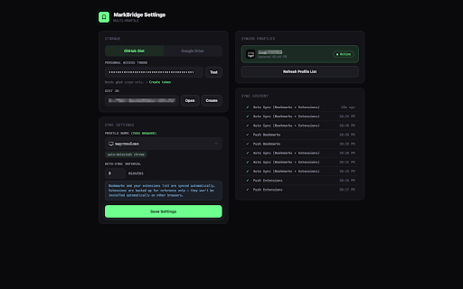 MarkBridge – Multi-Profile Sync :: Sync your bookmarks and extensions across all Chromium-based browsers via GitHub Gist or Google Drive.
