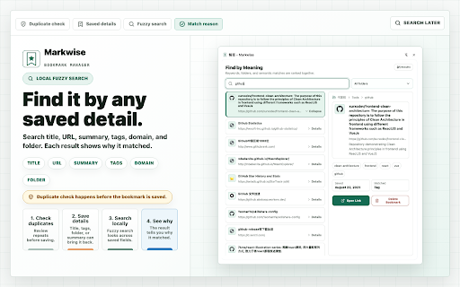 Markwise :: Local-first bookmark saving, duplicate checks, and search.