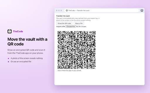 TheCode :: Mots de passe jamais stockés : recalculés depuis votre clef maîtresse. Carnet et synchro chiffrée en option. Partout les mêmes.
