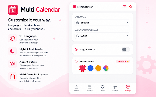 Multi Calendar — Lunar / Hijri / Jalali :: Multi-country calendar: Gregorian + Lunar (VN/CN/KR/JP), Islamic Hijri, Persian Jalali. 11 languages, dark mode, RTL.