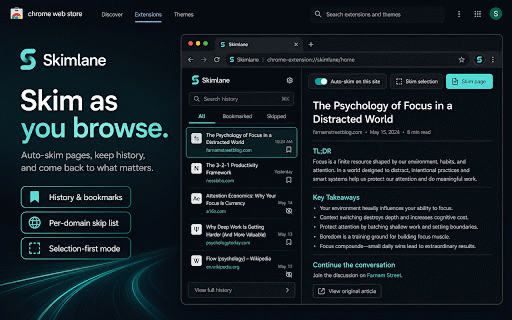 Skimlane :: Personalized reading summaries for webpages and PDFs using on-device, local, or bring-your-own-key AI.