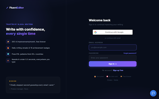 FluentEditor — AI Grammar Checker & Writing Assistant :: AI grammar checker & writing coach for non-native English speakers. Fix grammar, rewrite emails, adjust tone — on every website.