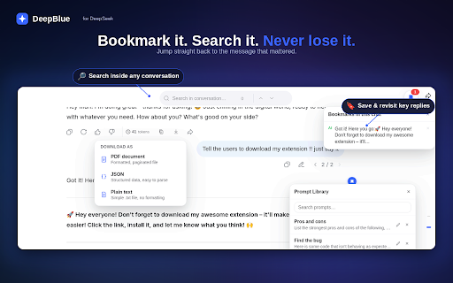 DeepBlue for DeepSeek: Search, Folders & Export :: Supercharge DeepSeek chat: search, folders, bookmarks, tone picker, token/context counters & PDF/JSON export.