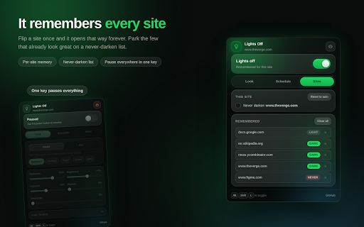 Lights Off — Dark Mode for Every Site :: Turn any website dark. Per-site memory, brightness and warmth controls, a night schedule, and a one-key shortcut.