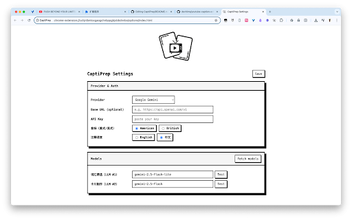 CaptiPrep :: Extract YouTube captions, pick key words/phrases with LLM, and generate study cards.