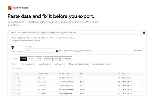 Table to Excel: export any web table to Excel & CSV :: Export any web table or data grid to Excel or CSV, free, with no row limit. Says when a page shows only part of a table.