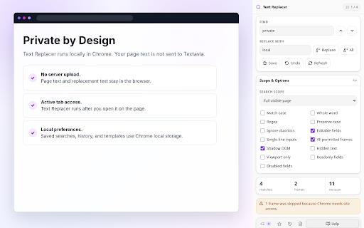 Text Replacer: Find & Replace Anywhere :: Find and replace text on any web page: page content, inputs, forms & emails. Word replacer with match case, whole word & regex.
