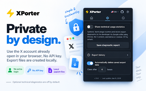 XPorter — Free X/Twitter Export: Posts, Followers · CSV/JSON/XLSX :: Export X posts, bookmarks, and account lists to CSV, JSON, XLSX, or TXT. Free. Files are created in your browser.