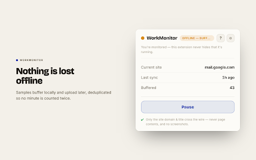 WorkMonitor — Workforce Visibility :: Reports the active site's domain to your WorkMonitor workspace — complementing the desktop agent. Always shows you're monitored.