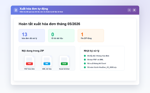 Xuất hóa đơn tự động :: Tải hàng loạt hóa đơn điện tử GDT, gom PDF, XML và Excel vào một file ZIP để lưu trữ và nhập MISA.