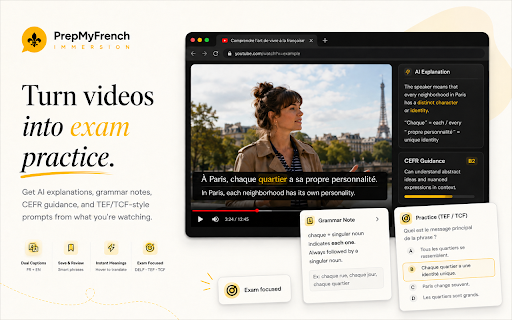 PrepMyFrench Immersion :: Learn French from YouTube subtitles with AI explanations and TEF/TCF practice.