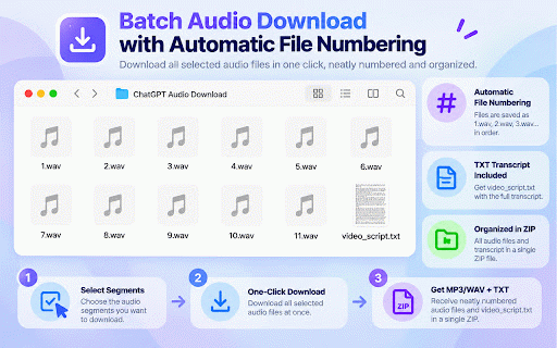 ChatGPT Audio MP3 Download – Save MP3 & ZIP :: Tải audio MP3 từ ChatGPT: chọn câu trả lời, tải từng đoạn hoặc nén ZIP, copy HTML/text, kéo‑thả sắp xếp & thống kê ký tự/phút đọc.
