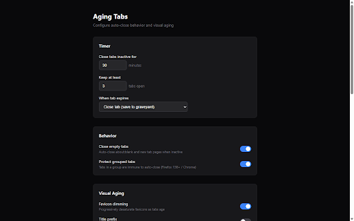 Aging Tabs :: Auto-close inactive tabs with visual aging feedback and a searchable graveyard