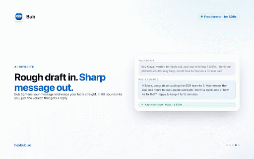 Bub – Voice Notes & Video for LinkedIn :: Send voice notes & native video from LinkedIn desktop. Plus AI rewrite and snippets. Free forever for SDRs.