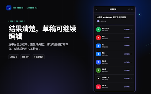 GEO Action :: 将 Markdown 适配为多个内容平台的可编辑草稿,支持定时触发、封面、标签、预览与本地历史恢复。