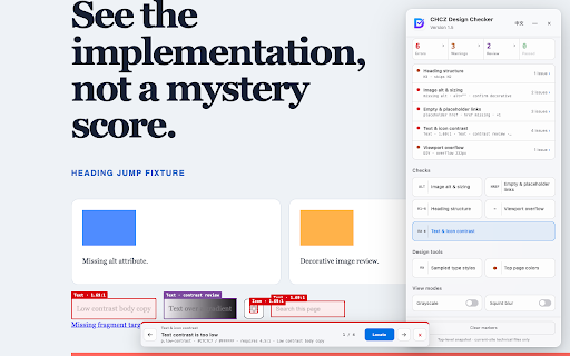 CHCZ Design Checker :: Inspect page implementation, WCAG text and icon contrast, and AI search visibility—on demand, without analytics.