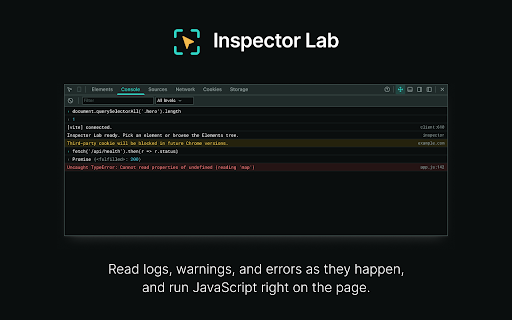 Inspector Lab - DevTools :: A movable in-page DevTools window for any browser, even iPad: DOM Inspector, Elements, Console, Network, Sources, Cookies, Storage.