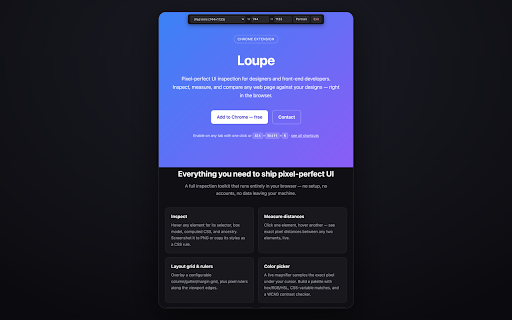 Loupe — Pixel-Perfect UI Inspection :: Inspect, measure, and analyze any web UI. Box model, computed CSS, layout grids, rulers, color picker, responsive mode.