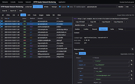 HTTP Header Network Monitoring :: Persistent tab-scoped HTTP monitor with headers, bodies, docked DevTools panel, blacklist rules, resend, and HAR/JSON exports.