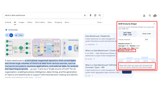 TF-IDF SERP Analyzer :: Scores titles/descriptions/AI Overview vs query. Adds sorting + overlap widget.