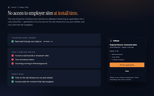 Shikaar :: Attaches your tailored resume and cover letter and drafts the written answers on job application forms. Never submits anything.