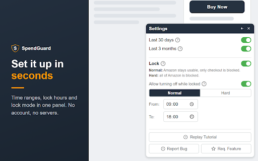 SpendGuard for Amazon™ :: Track and control Amazon™ spending. Floating widget, checkout warnings, time-lock blocking. Privacy-first.