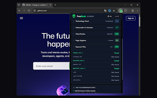 PwnDeck Scanner — Website Security & Privacy :: Instant security & privacy audit for any site: headers, cookies, trackers, tech stack, vulnerable JS libraries.