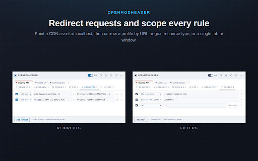 OpenModHeader :: Add, rewrite, and remove HTTP request and response headers. Organise rules into profiles and scope them with URL filters.