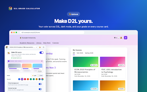 Grade Calculator for D2L Brightspace :: A calmer, cleaner D2L with MyUI, plus your real Brightspace grade, what-ifs, and goals. Free and private. Not affiliated with D2L.