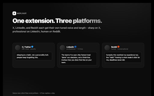 ReplyKit — AI replies for X, LinkedIn & Reddit :: AI reply & comment generator for X, LinkedIn & Reddit. Pick a tone, get a draft that actually answers the post. 3 free/day.